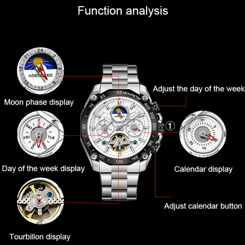 AOKULASIC Military Multifunction Watch for Men Tourbillon Gold Moon Phase Skeleton Automatic Mechanical Watches Stainless Steel