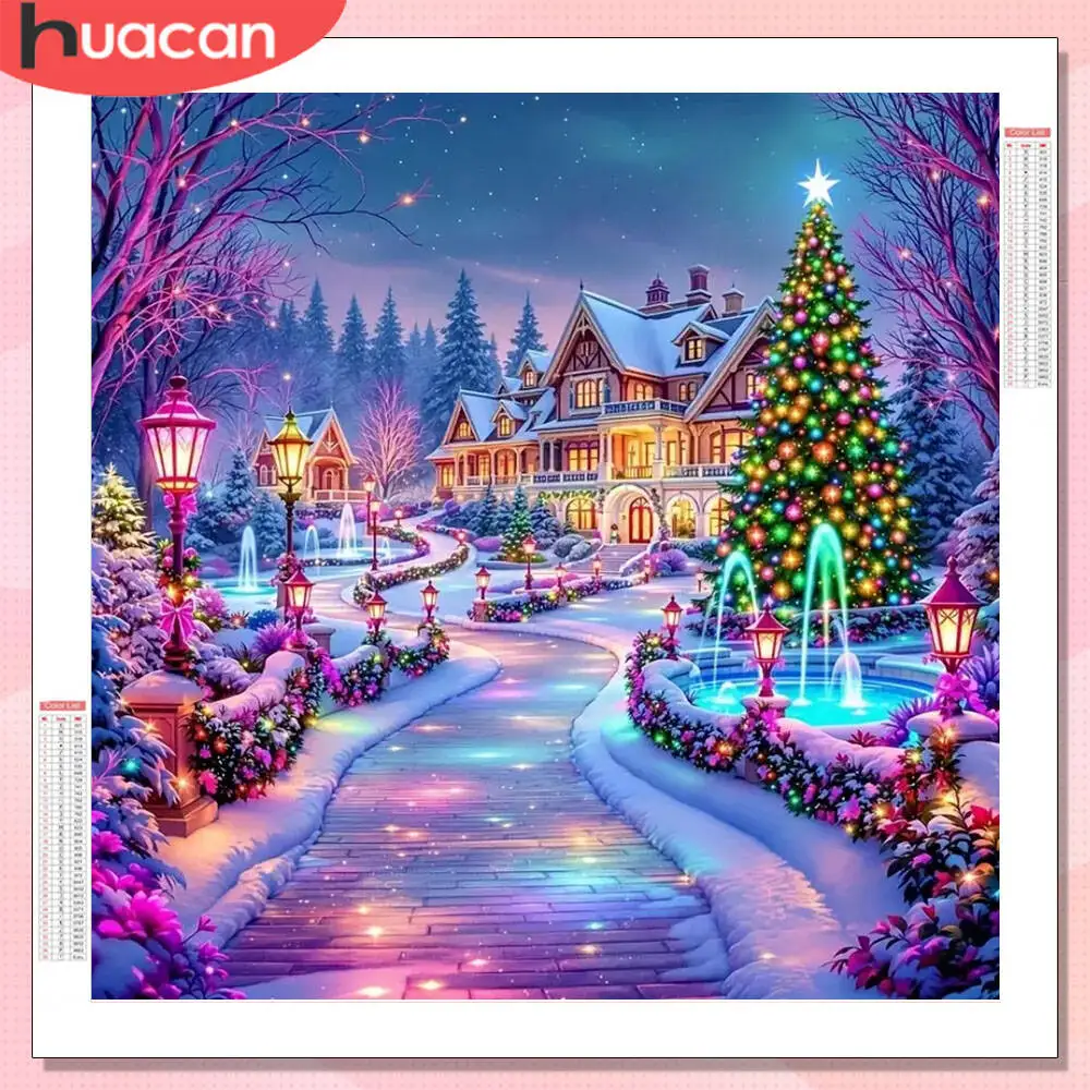 HUACAN Diamant-Gemälde, Weihnachten, Landschaft, Heimdekoration, Mosaikhaus, Stadtstraße, Bilder von Strasssteinen
