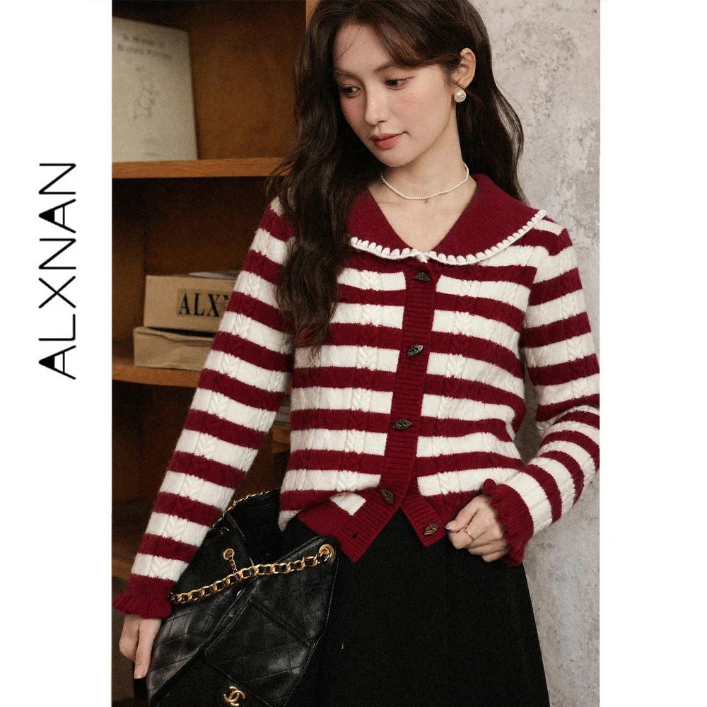 ALXNAN Striped Color Block Red Knit Cardigan for Women Autumn New Horn Button Versatile Sweater 2026 Long Sleeve Top L683171A