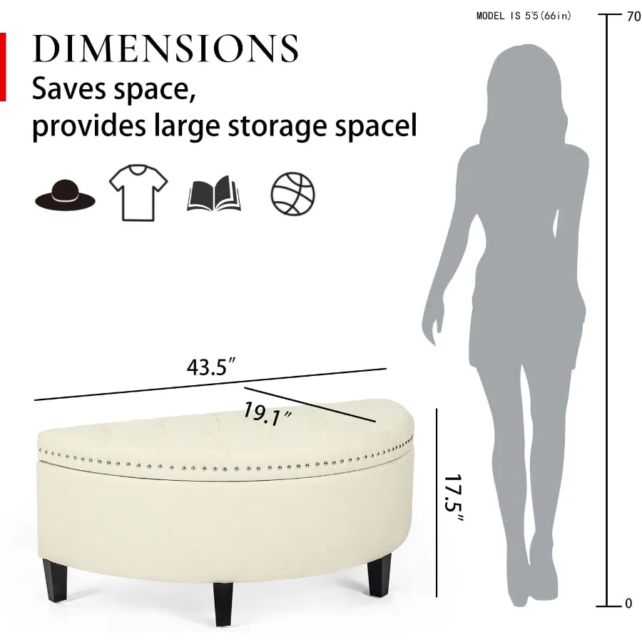 مسند تخزين نصف قمر مقاس 43 بوصة مع تصميم معنقدة بزر مثالي لمدخل غرفة النوم وغرفة المعيشة ديكور كريمي اللون #3