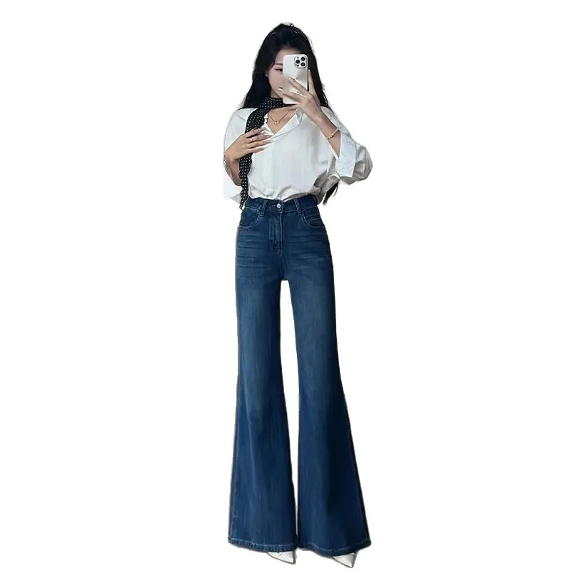 

2026 High Waist Bell Bottom Jeans Retro Versatile Loose Long Pants Commute Style Cotton Blend High Stretch Straight Jeans