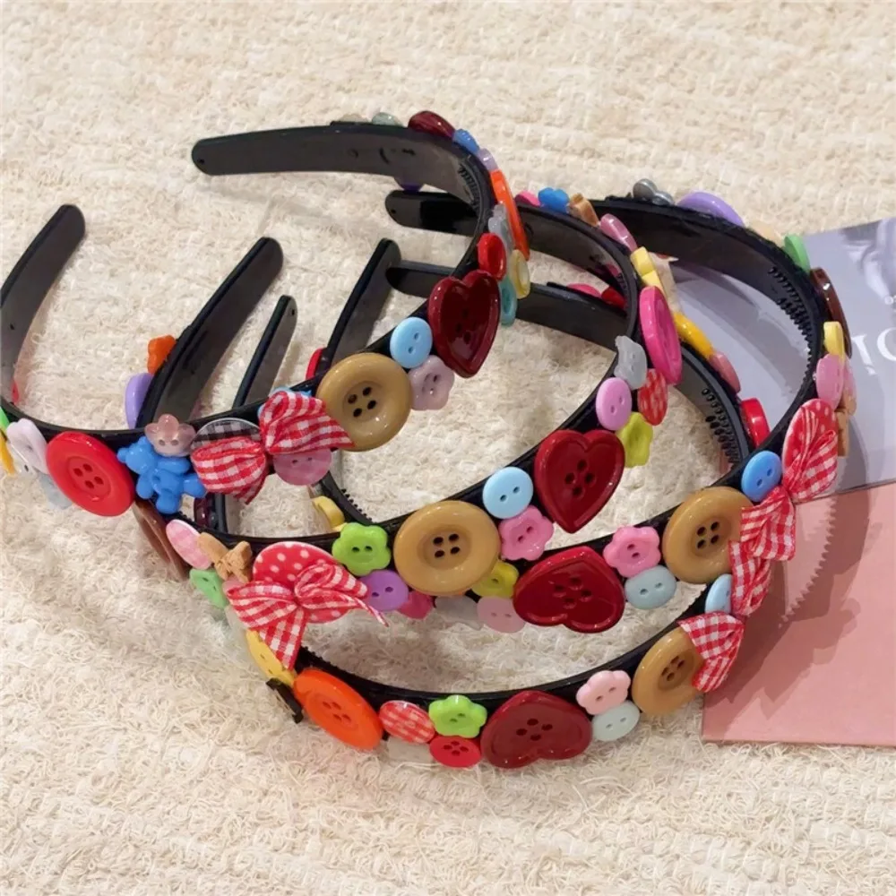 Kawaii Dopamine Coloured Button Headband Y2k Face Washing Childishness Hairband Korean Style Headwear Bow Hair Hoop Girls