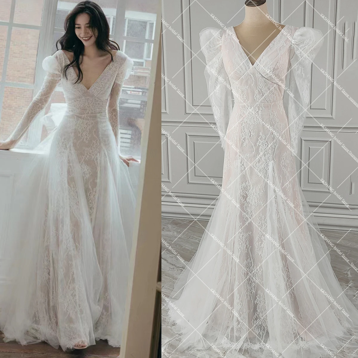 Long Puffy Sleeves Romantic Lace Wedding Dress A Line Customized Real Picture Big Size Backless Tulle Train Elegant Bridal Gowns