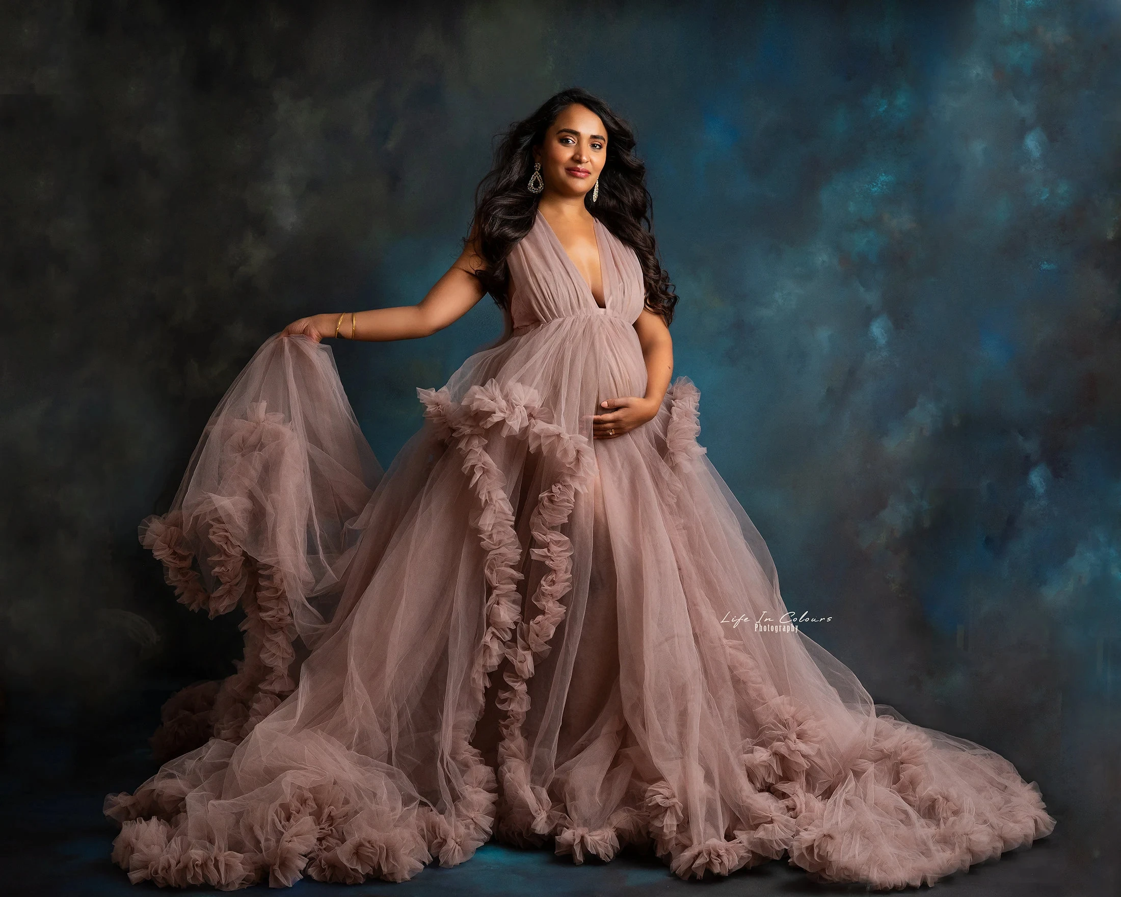 

Sexy Maternity Star Dresses V Neck Sleeveless Lace Tulle Robes Customized Color For Photo Shoot Or Baby Shower Plus Size Gowns