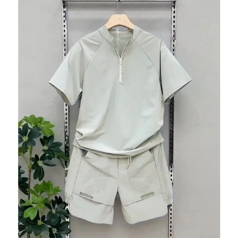 

Korean Style Men Summer Mesh Quick Dry 2PCS Set Hollow Out Breathable Half Zip Short Sleeve T-shirt Shorts Outdoor Sports Outfit