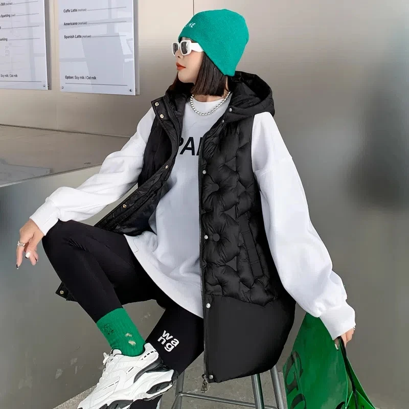 Preto com capuz colete jaqueta feminina streetwear 2024 outono inverno novo solto algodão sem mangas casaco casual feminino outwear