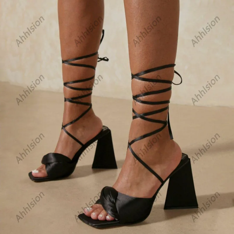 Ahhlsion Real Photos Women Summer Sandals Ankle Strap Block Heels Square Toe Black Pink Party Shoes Ladies US Size 6-10.5