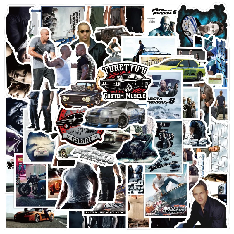 50pcs/pack Classic Movie Fast Furious Stickers for Notebook Motorcycle Skateboard Computer Mobile Phone Cartoon Toy Trunk