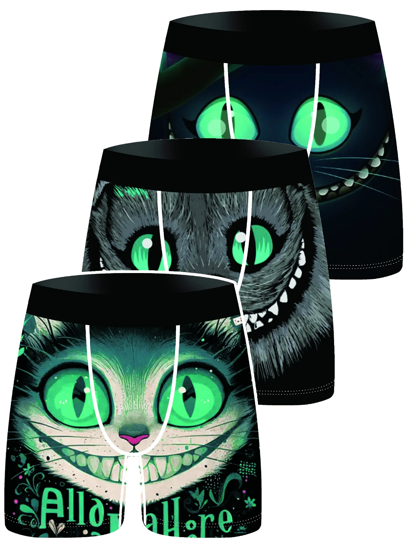 Cheshire Cat Men Boxer Briefs Alice In Wonderland 3D Printed Underwear Funny Green Eyes Smiling Cat Stretch Underpants