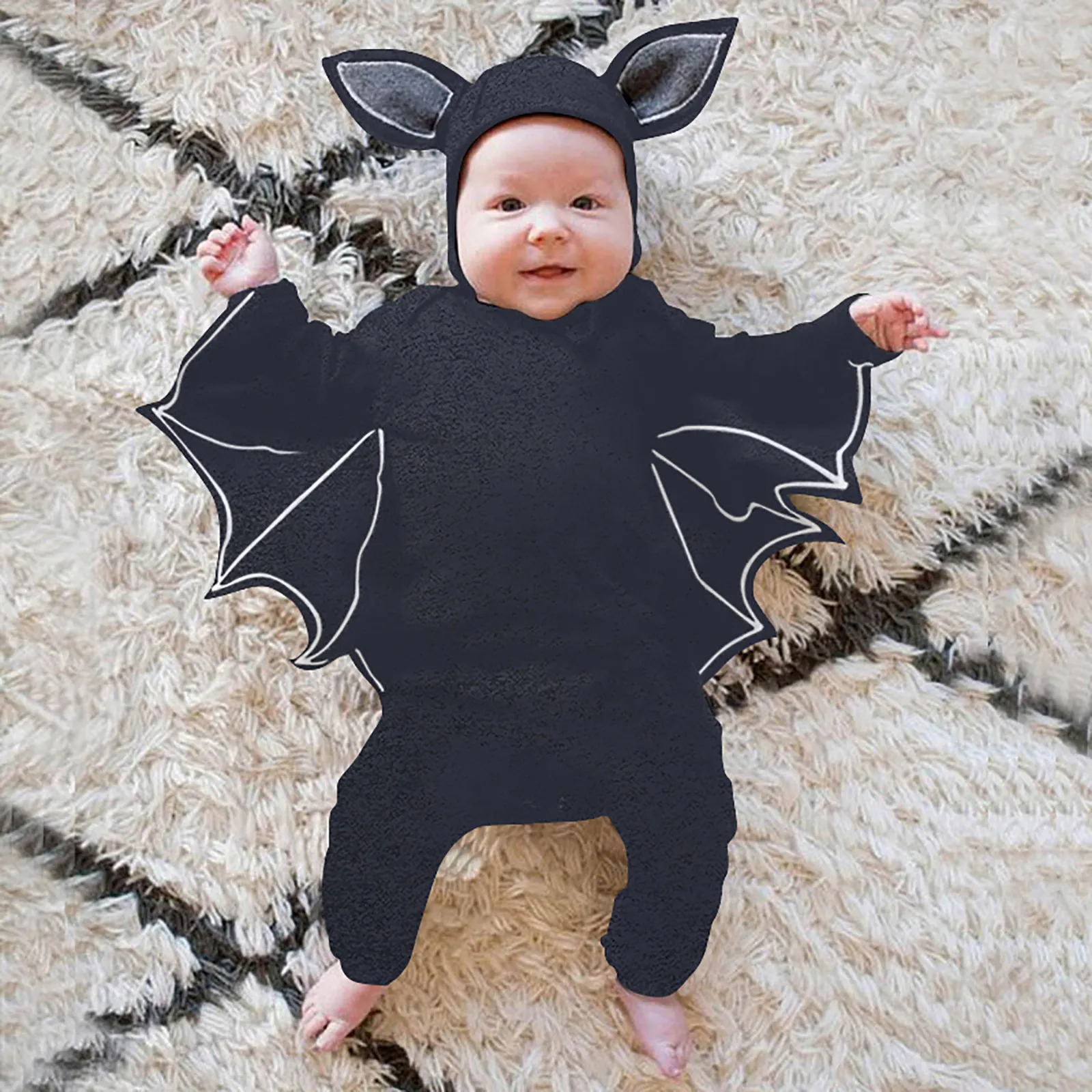 Halloween Baby Jumpsuit Pumpkin Head Skull Bones Infant Costume Bat Romper Long Sleeve Round Neck Button Suit 2Pcs Clothes Set