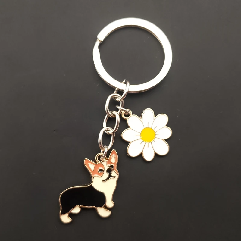 Cute Flower Corgi Trinket Key Chains Charm Accessories Pet Dog Animal Jewelry Women Bag Car Fashion Gift KeyRing Pendant