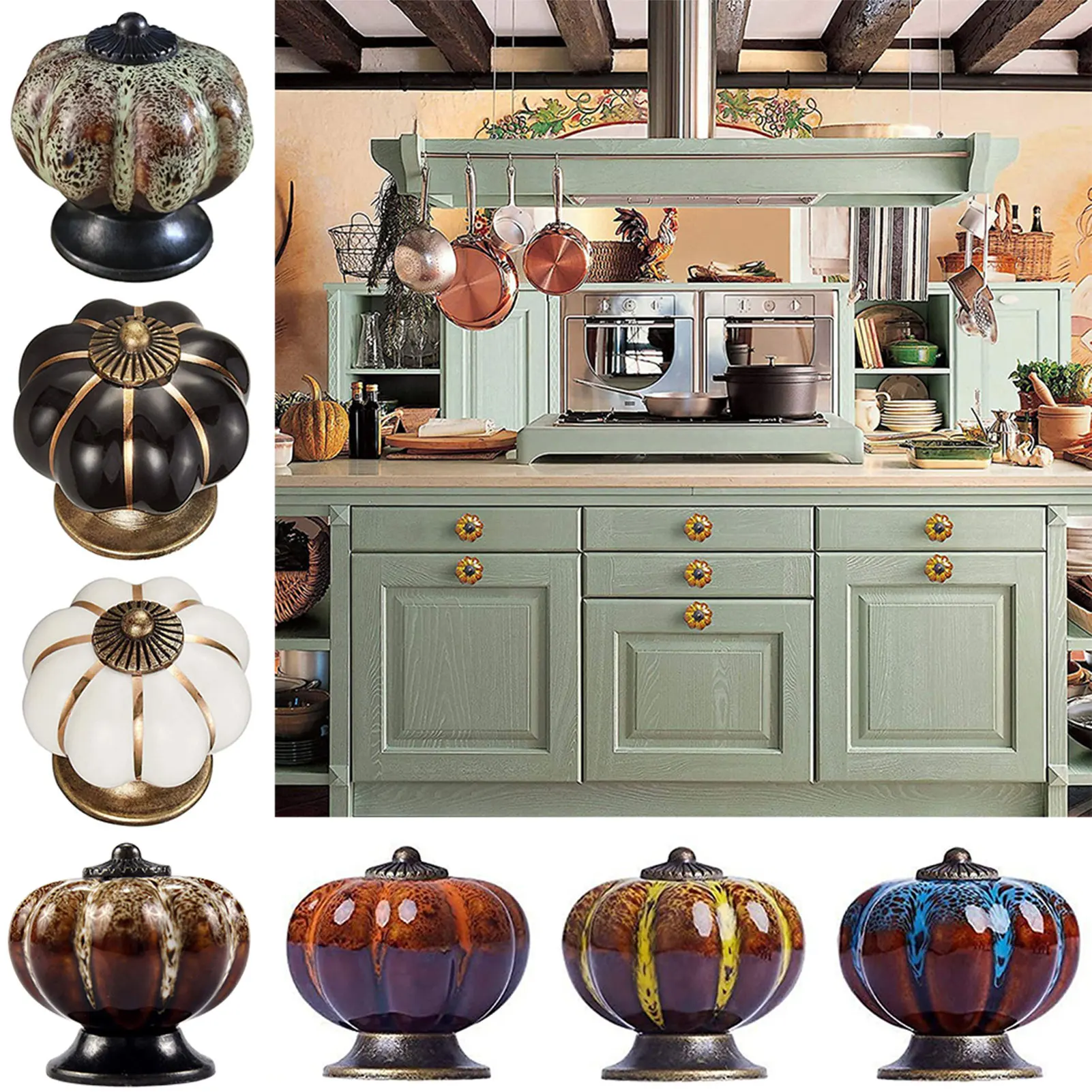 6pcs Pumpkin-Shaped Ceramic Handle,Pumpkins Drawer Knobs,Cabinet Cupboard Door Pull Furniture Hardware Handle Pulls Drawer Knob