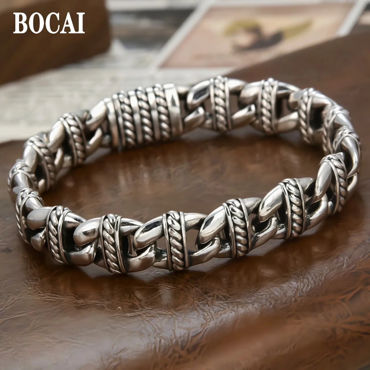 BOCAI Real S925 Silver Jewelry Personality Retro Woven Pattern Men's Bracelet Fashion Trend Birthday Gifts