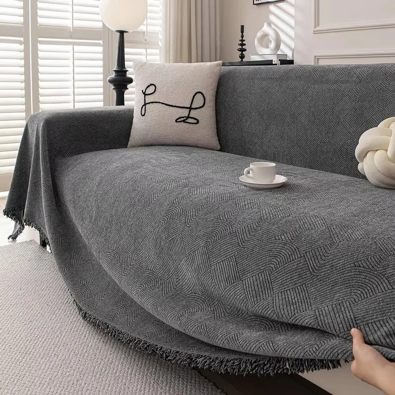 Chenille Sofa Throw Blanket, Geometric Curved Line Jacquard, Two-tone Tassel Couch Slipcover, All-season Wear-resistant Decor