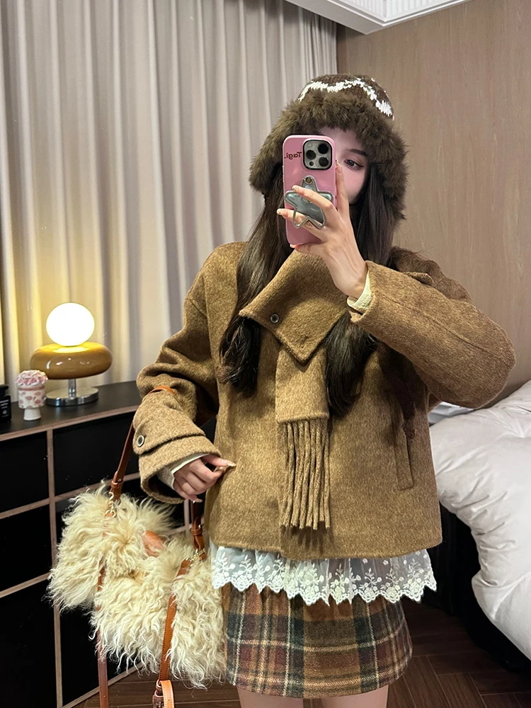 Handmade Double-Faced Wool Scarf Coat Autumn Winter Faion Ladies' Camere Outerwear Long Sve Regular Cuff No Brand