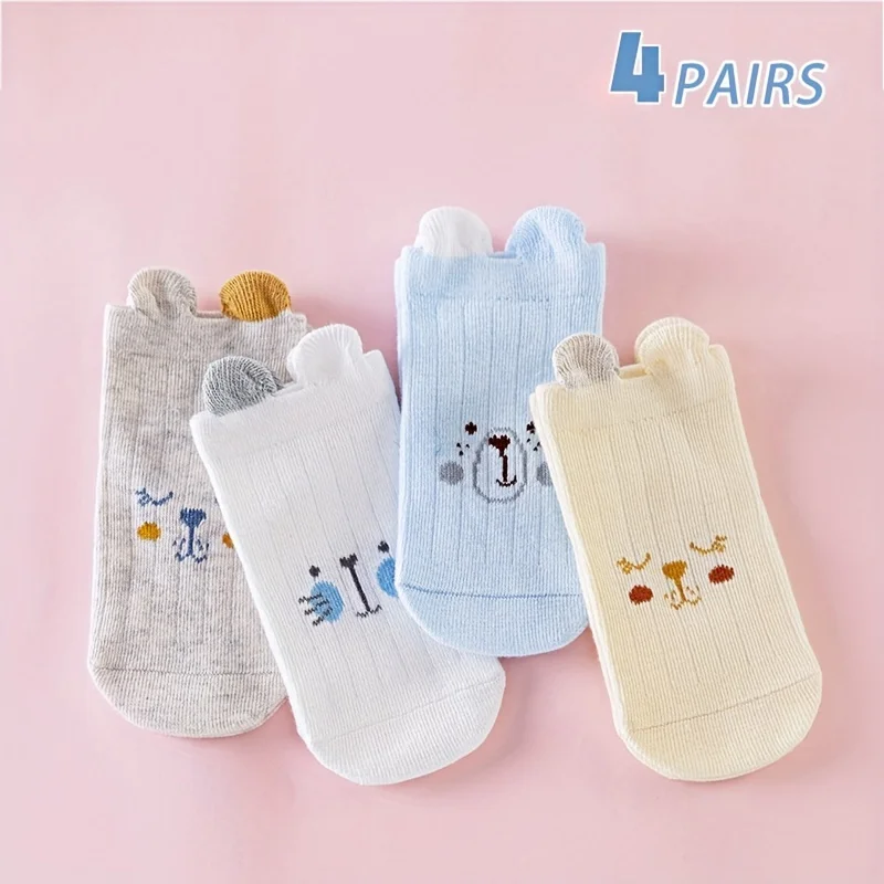 4 Pairs of Male Baby Bear Cartoon Cotton Socks, Pure Cotton Cartoon Newborn Baby Socks, Cute Three-dimensional Small Ears, Versa