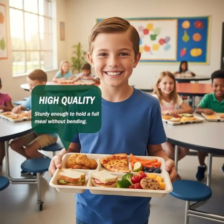 100% Compostable 5 Compartment Paper Plates 12.5 * 8.6 Inch [100-Pack] Heavy Duty Divided Disposable Eco-Friendly Bagasse Plate