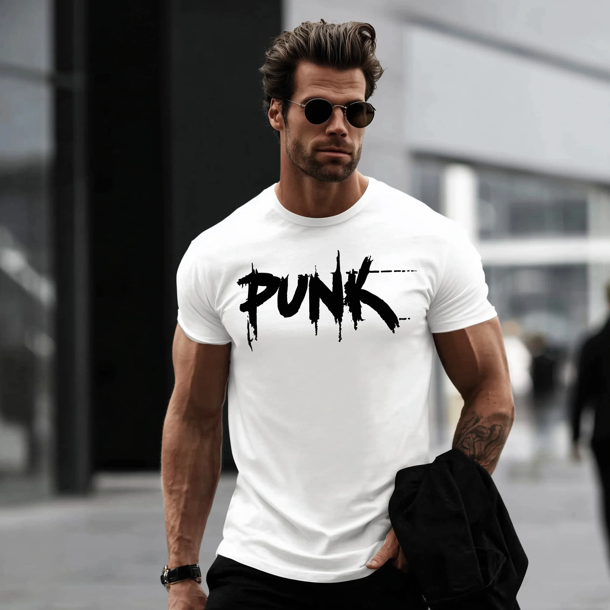 

Teevo Men's Crew Neck T-Shirt White Punk Graffiti Print Urban Streetwear