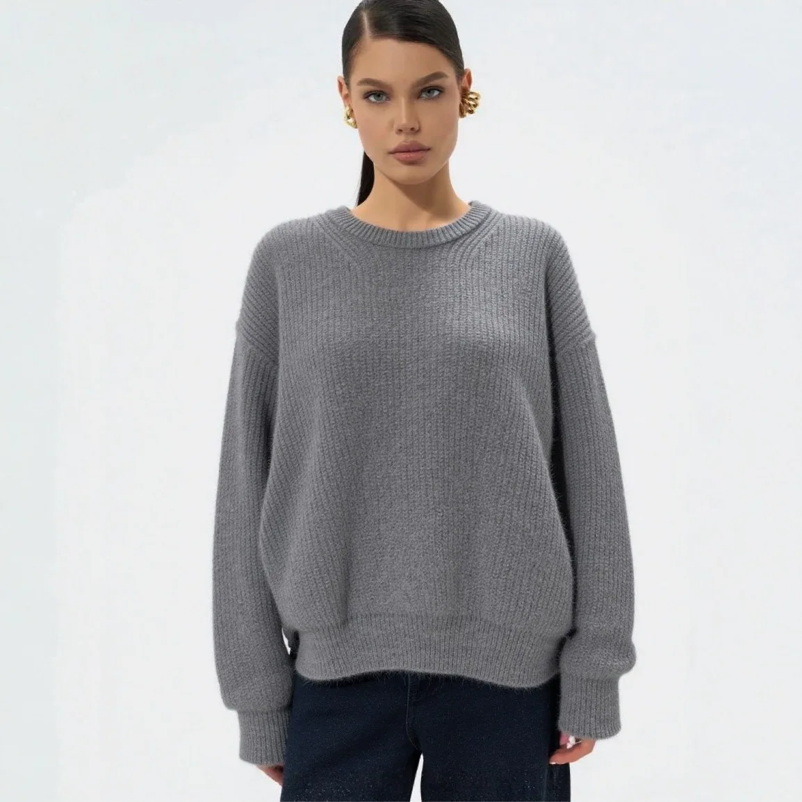 

Women Autumn Winter New Fashion Loose O-Neck Pullover Long Sleeve Solid Color Soft Knit Casual Versatile Office Style Outerwear