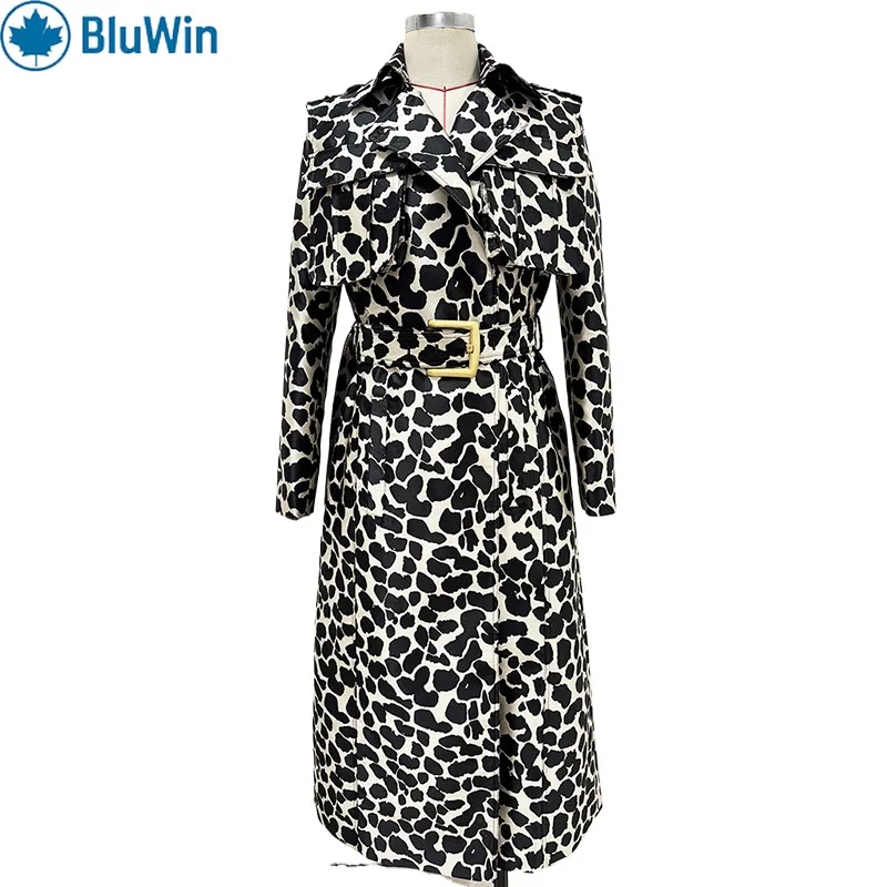 

URBANCHIC Celebrity Streetwear Leopard Jacquard Trench Coat Women 2025 Winter Belted Long Outerwear British Style Jacket