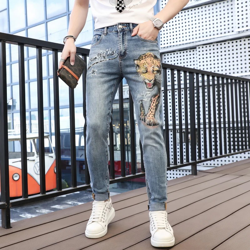 

Trendy European Brand Heavy Craft Tiger Head Rhinestone Printed Slim Fit Jeans Men's Autumn New Style Long Pants Casual Cotto...
