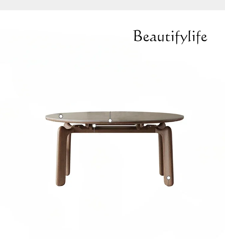 Retractable round rock slab solid wood dining table and chairs high-end square and round multi-functional folding table