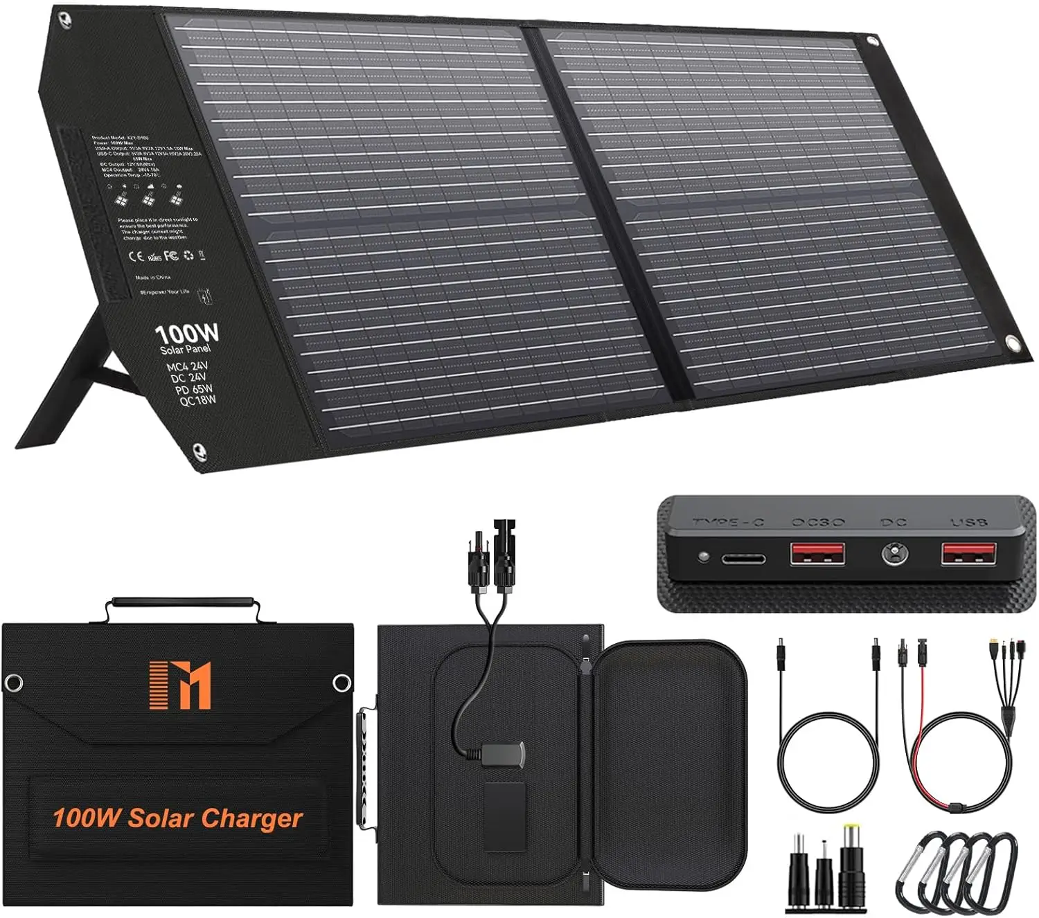 

100W Portable Solar Panel with USB-C PD 65W Fast Charging, Foldable for Outdoor Camping RV Off Grid Power