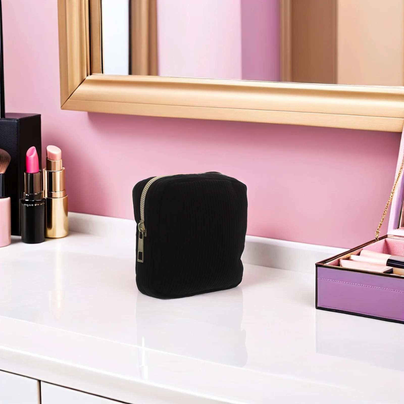 

Mini Makeup Bag for Purse Compact Black Travel Organizer Portable Toiletries Storage Case for Women Small Makeup Bag