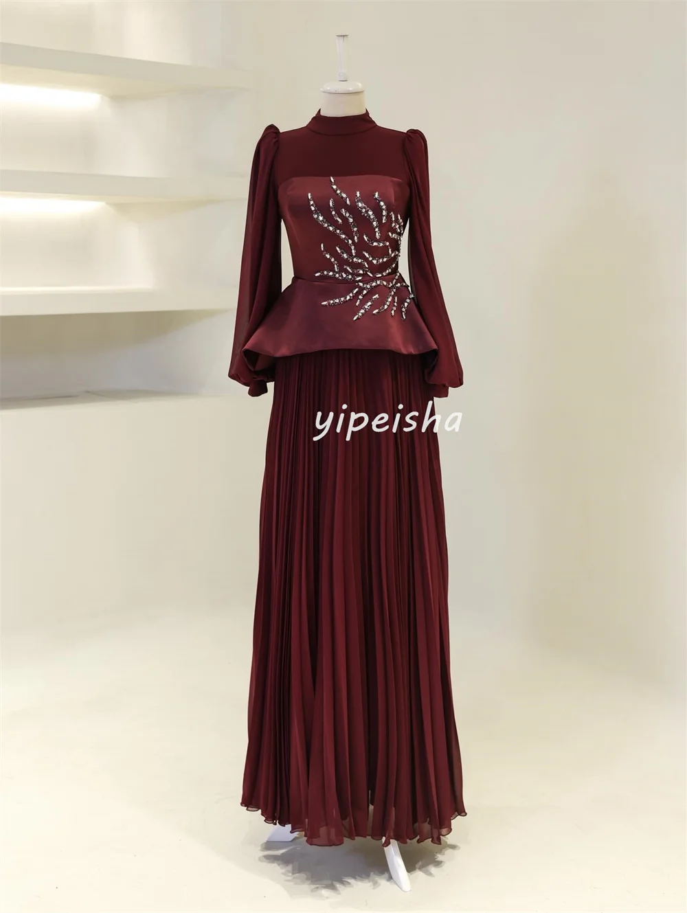 Customized High Quality Exquisite Chiffon Rhinestone Pleat Straight High Collar Long Dresses Bespoke Occasion Dresses Matching