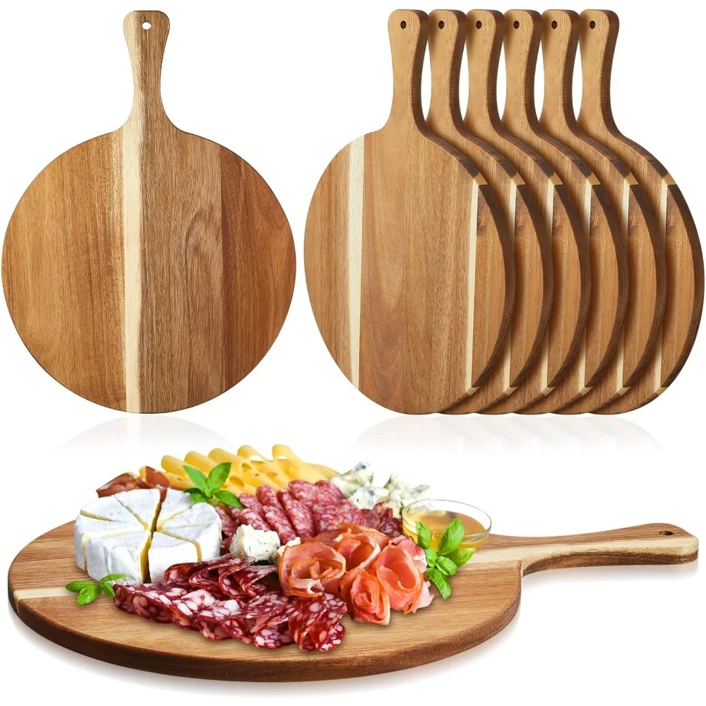 

6 Pcs Acacia Wood Round Cutting Board Bulk 0.6 Inch Thick Charcuterie Board with Handle Large Wooden Chopping Paddle for Cuttin