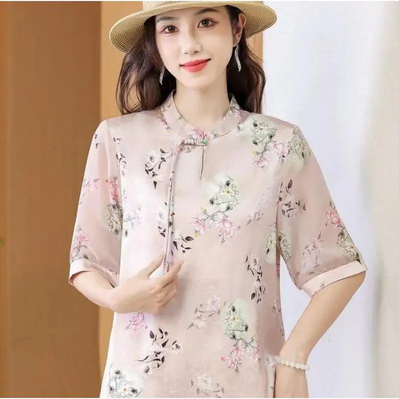 New Arrival Middle Aged Mother Silk Summer Retro Floral Printing Soft Blouse Elegan Women Chiffon Silk Clothes Shirt