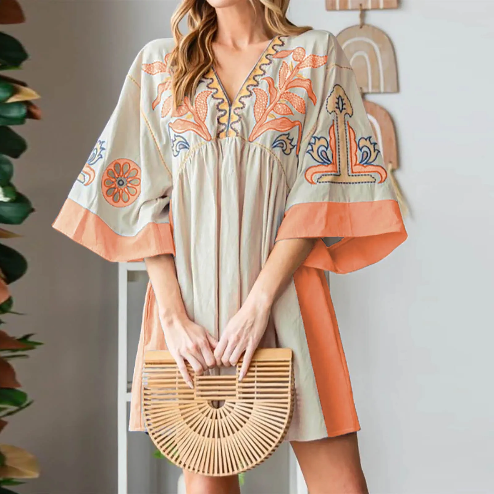 

Embroidery Loose Pleated Mini Dress Women Color Blocked V-Neck Three Quarter Sleeve Dresses Casual Vacation Summer Dress