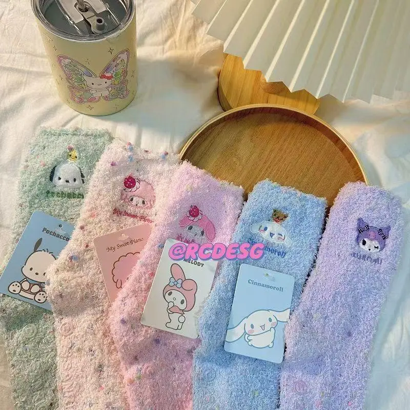 Hot 5Pcs Sanrios Embroidery Coral Fleece Girl Piles of Socks Kawaii Kuromi Cartoon Cute Sleep Floor Thickened Socks Fashion New