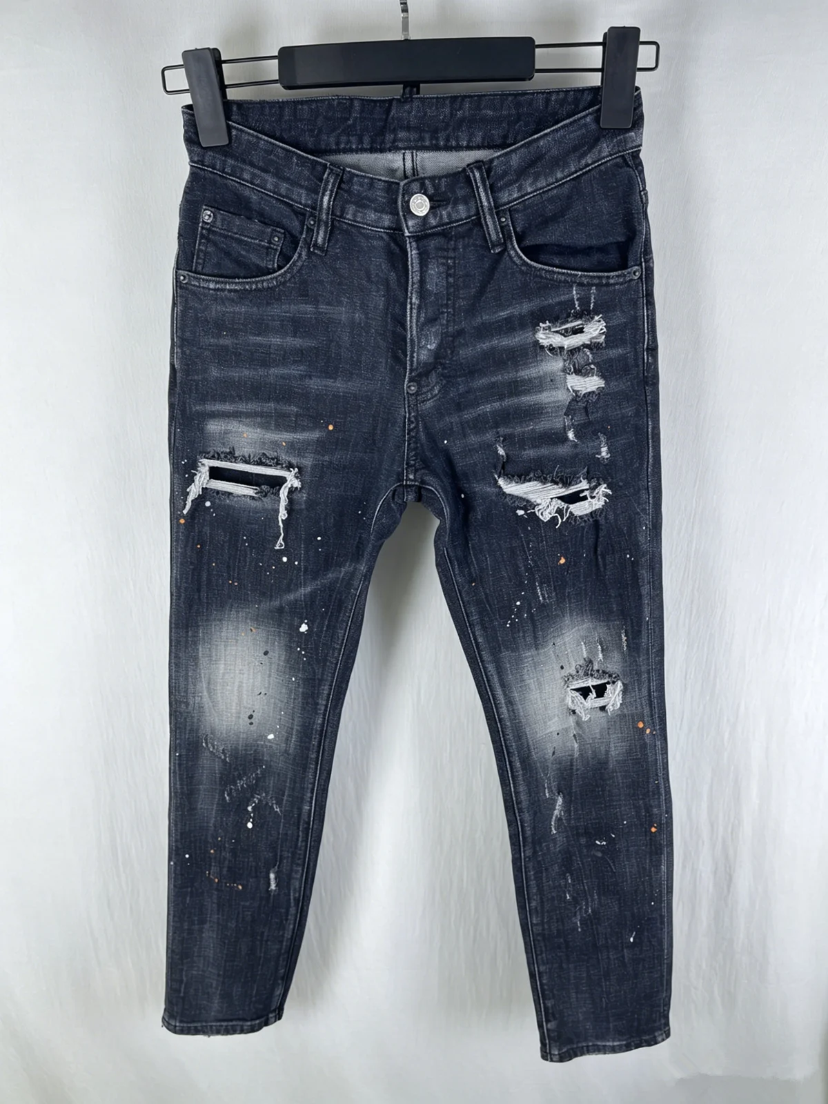 

6090 Four Seasons New Men's Ripped Jeans Fashion Slim Fit Elastic Ripped Patch Ripped Ink Pants Black