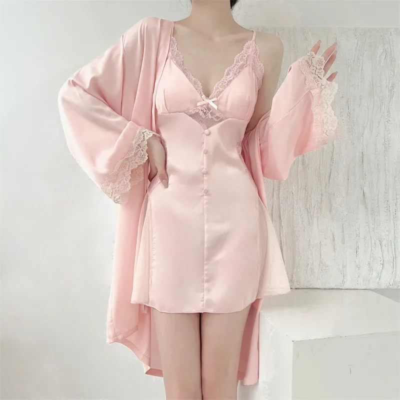 Women Robe Nightgown Set V-Neck Faux Silk Satin Kimono Bathrobe with Belt Bridesmaid Robes Sexy Robe Satin Ladies Dressing Gowns