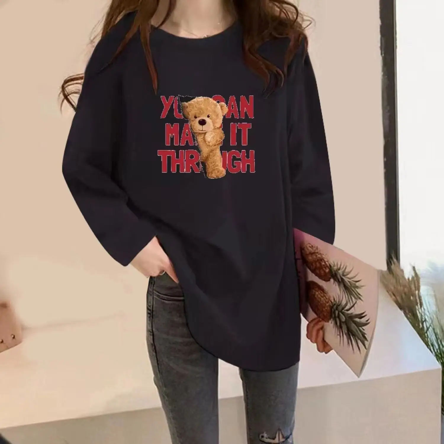 Cotton Long Sleeved T-shirt Women 2023 Autumn New Korean Loose Cartoon Print Medium Length Casual All-match Lady Classic Top