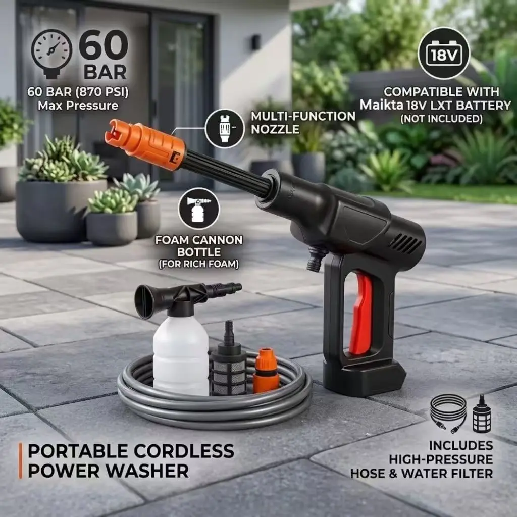 Car Washer 60Bar High Pressure Washer Car Water Gun Auto Accessory Cleaner for Home Garden Makita 18v Compatible No Battery