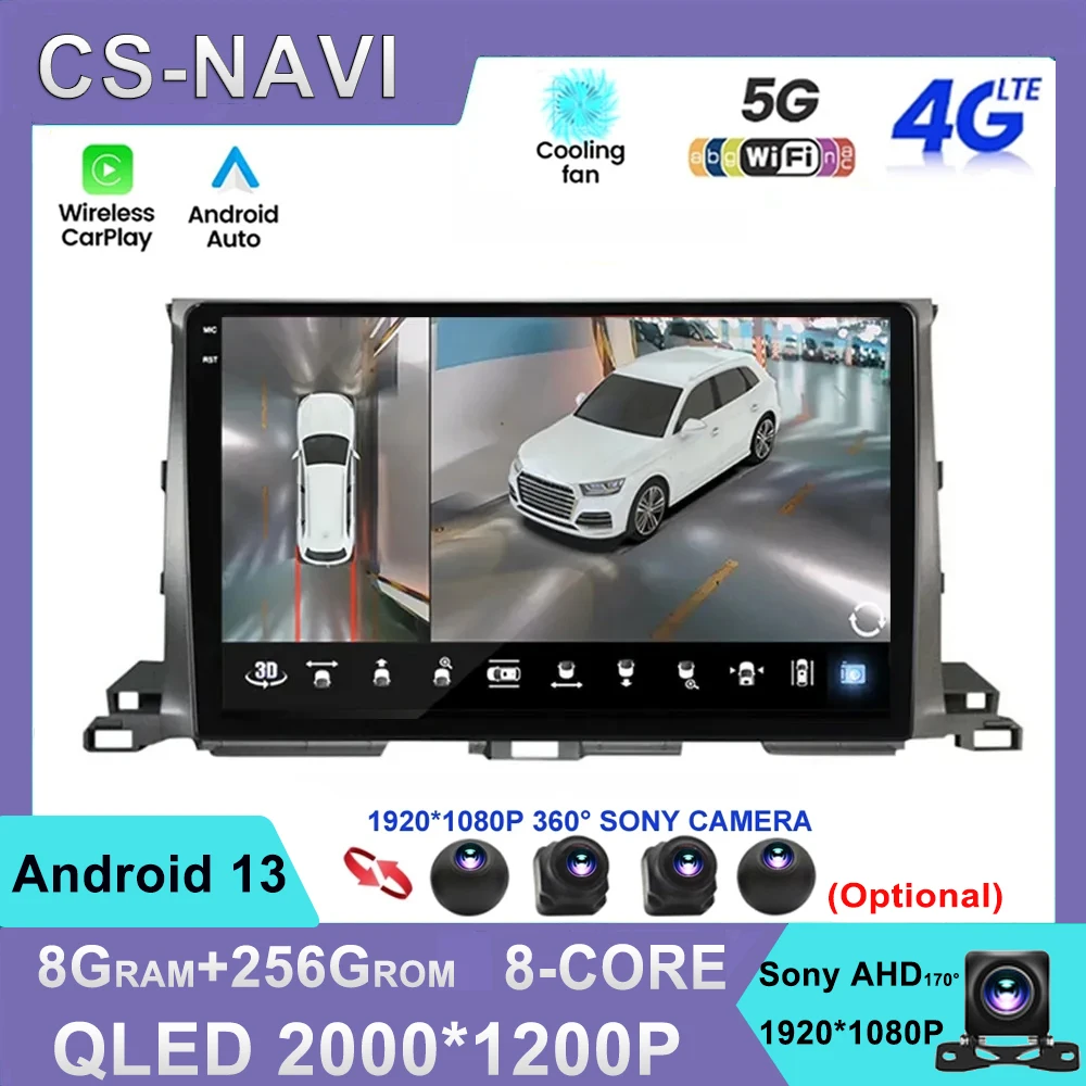 

For Toyota Highlander 2013-2018 Android 13 Car Radio Multimedia Player 2 Din Navigation GPS Carplay Autoradio Stereo WIFI 4G DSP