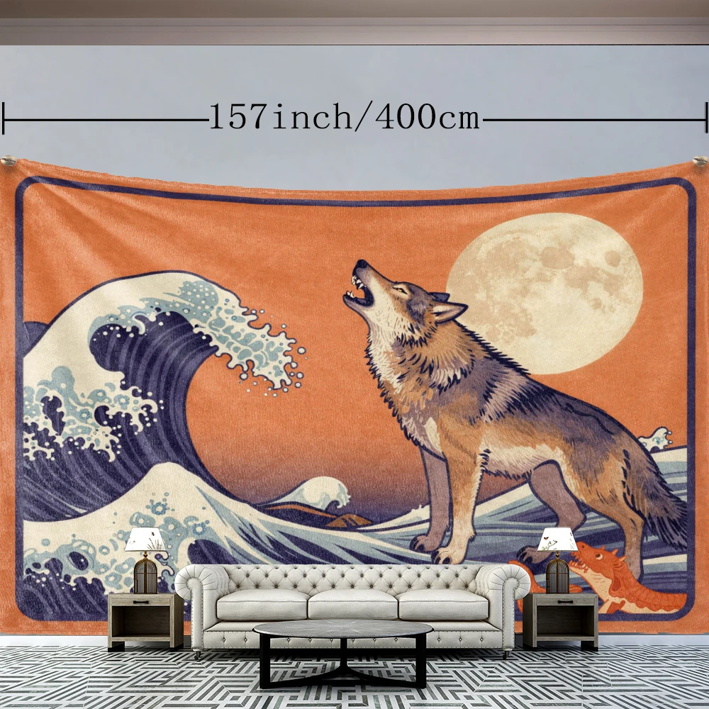 Japanese Ukiyoe Style Wolf Sea Wave Full Moon Wall Tapestry, Traditional Decor