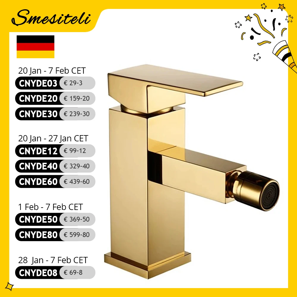 Smesiteli Bathroom Faucet Solid Brass Square Style Polished Gold Finish Bidet Single Lever Mixer Water Tap Bidet Fitting Taps