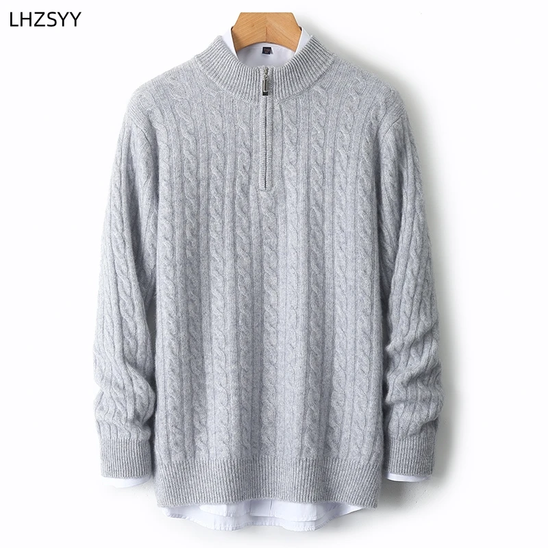 

LHZSYY Men' New 100%Merino Wool Sweater High-End Zipper Neck Jacquard Pullover Loose Thick Base Shirt Winter Warm Wild Knit Tops