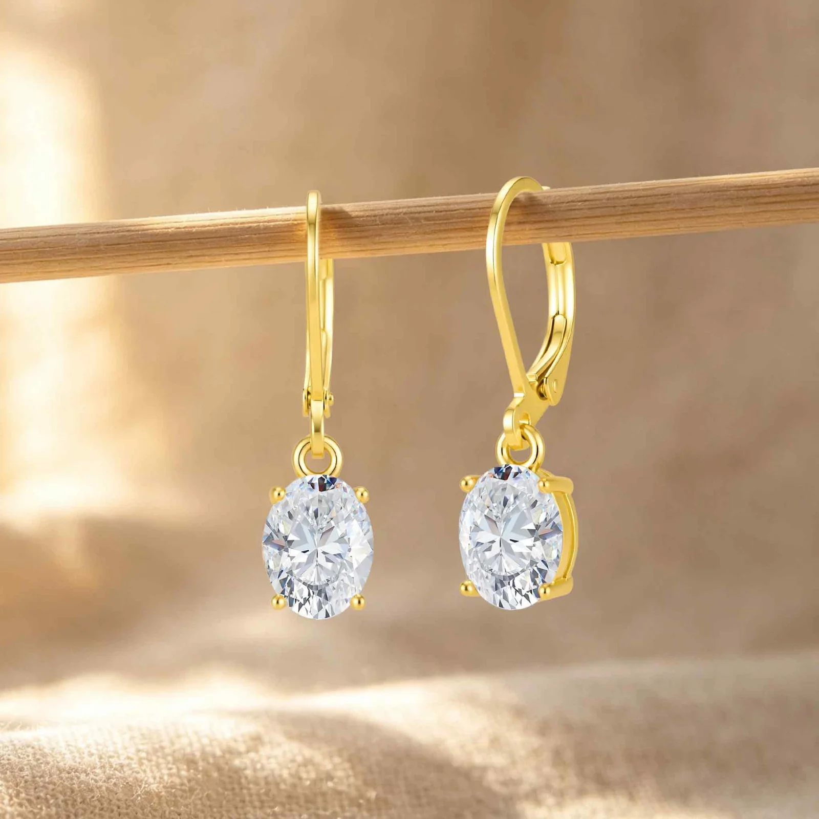 LAMVOICE 18K Golden Plated 4 prong Oval AAAAA+ Zircon Leverback Dangle Earrings,Hypoallergenic Anti‑Tarnish Women Jewelry