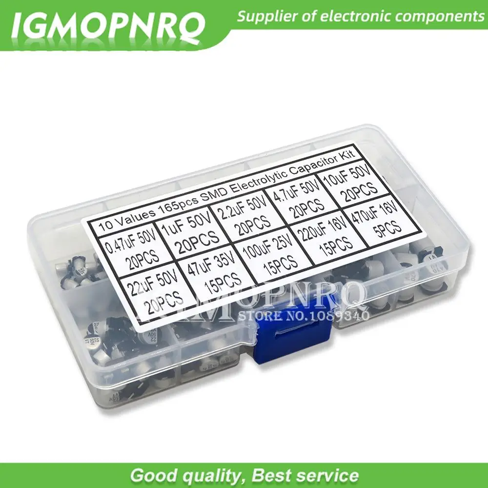 165Pcs/lot 10Values SMD Aluminum Electrolytic Capacitor Assorted Kit Set Samples Kit 0.47uF 1uF 2.2uF 4.7uF 10uF 22uF 47uF 100uF