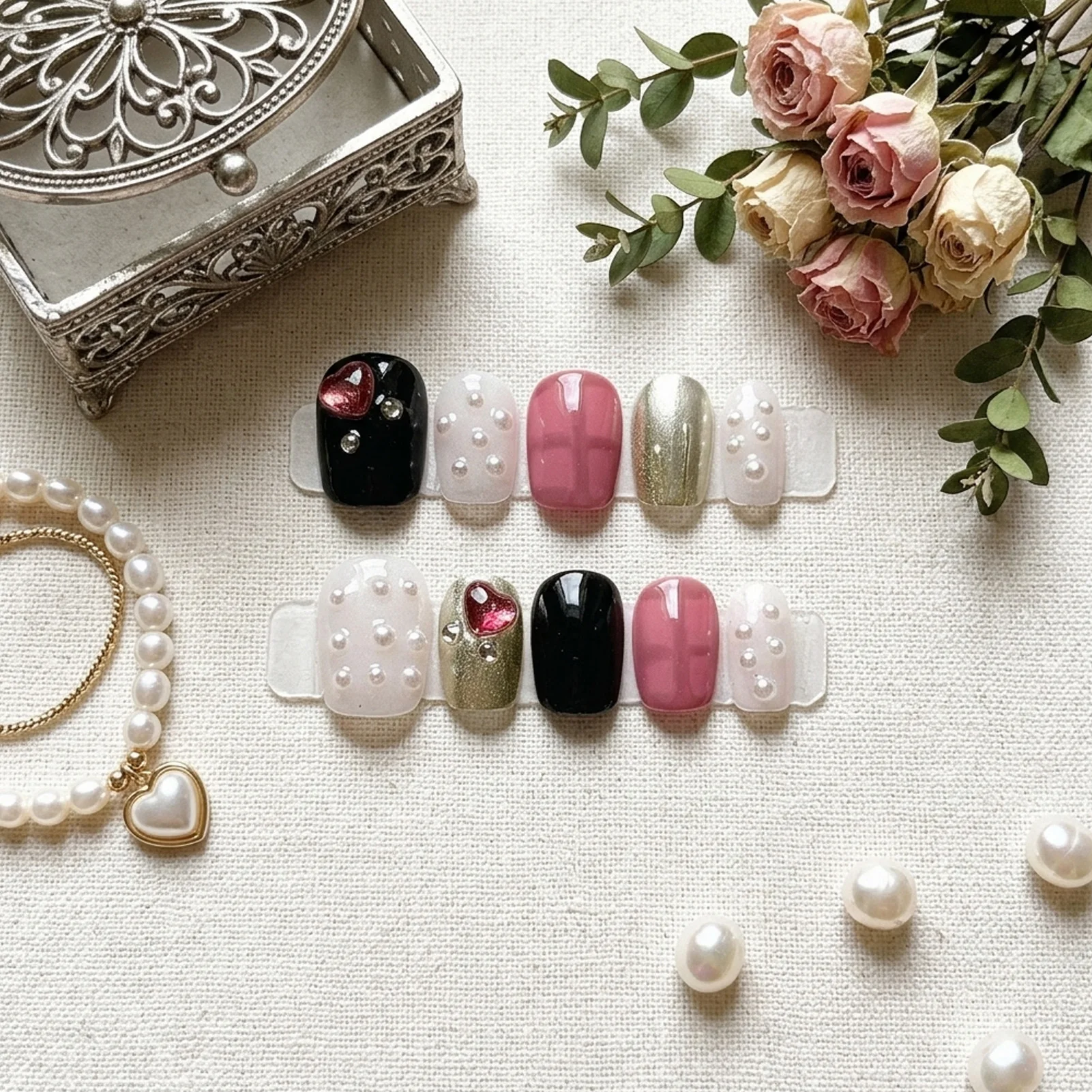 Handmade Press On Nails Short Coffin False Nails With 3D Heart Rhinestones And Pearls Decor Women Dating Wearable Y2k Nail Tip