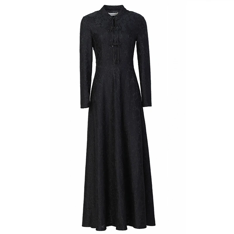 New Women Vintage Chinese Dress Spring Autumn Fashion Meticulous Plate Buttons Stand Collar Long Sleeve Slim Overlength Dress