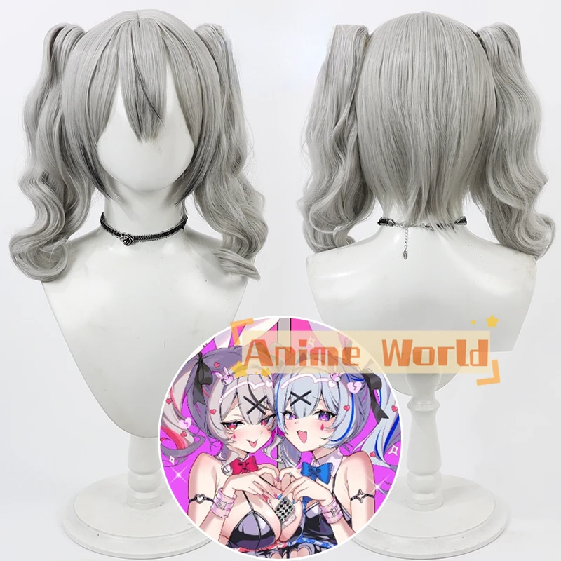 

Sakamata Chloe Cosplay Wig Vtuber Gray Ponytails Wavy Heat Resistant Synthetic Hair Halloween Party Role Play Carnival + Wig Cap