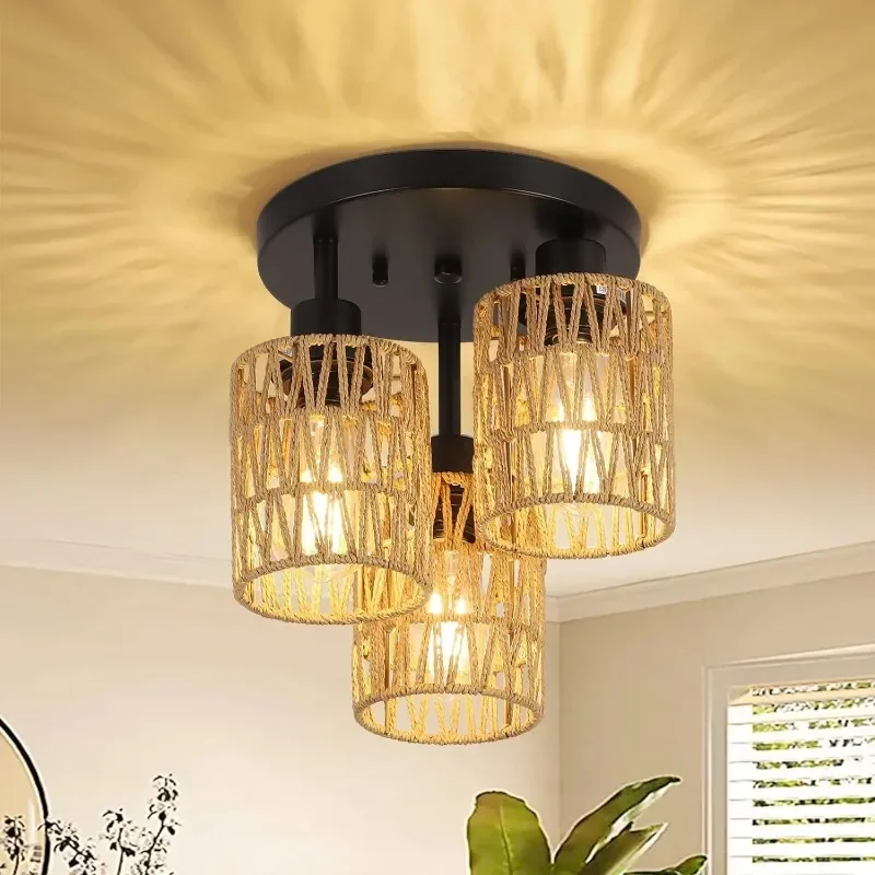 

3 Heads Modern Design Ceiling Light Fixtures Hemp Rope Round Style Pendant Lights Living Room Kitchen Home Decor Lighting Shade