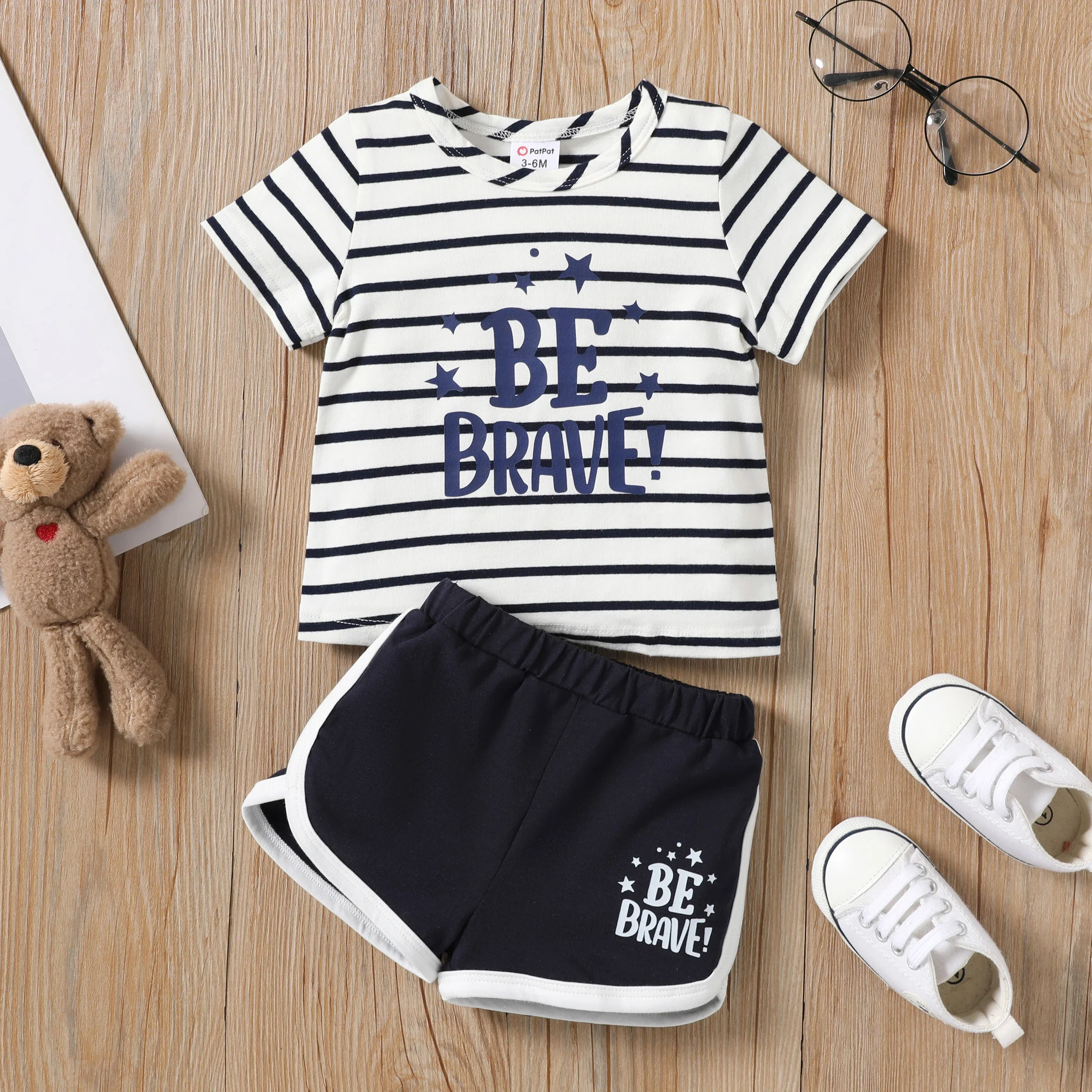 PatPat Baby Boy 2pcs Striped Letter Print Tee and Shorts Set Suitable for Summer Season Soft and Comfortable Basic Style