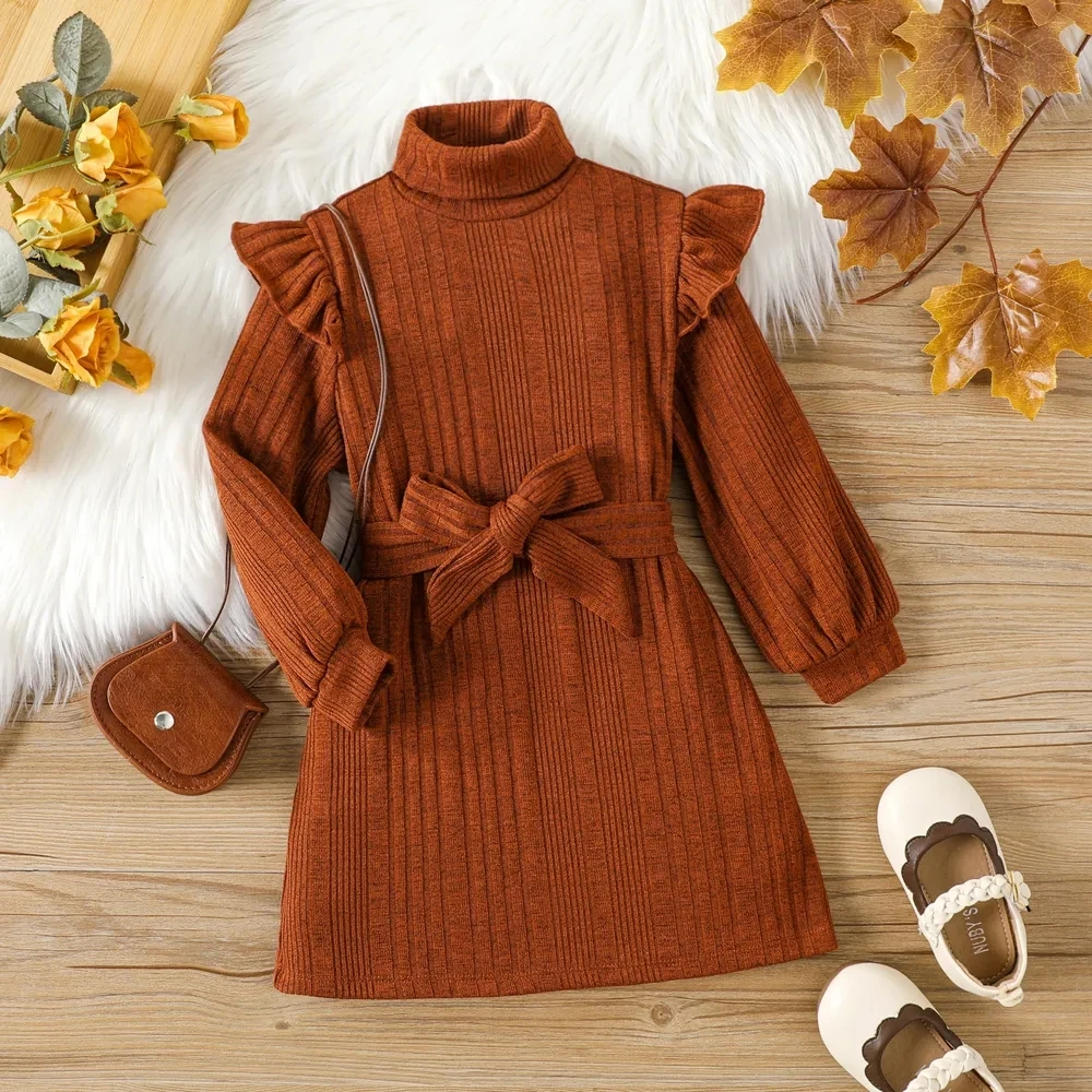 Girls\' Woolen Dress 2023 New Children\'s Autumn Winter New High Neck Flying Sleeve Lace up Knitted Long Sleeve Dress