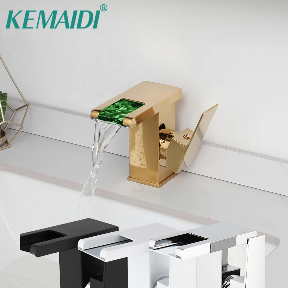 KEMAIDI Brass LED Waterfall Bathroom Basin Faucet Hydroelectric Power Generation Golden Faucets Hot Cold Crane Sink Mixer Tap